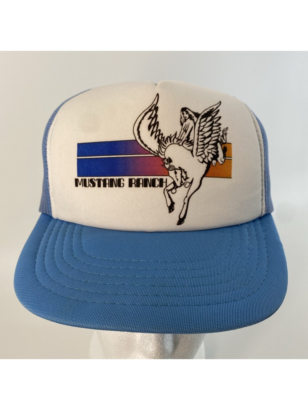 VTG Mustang Ranch Trucker Hat Snapback Mesh Cap Blue White Pegasus Made In Korea
